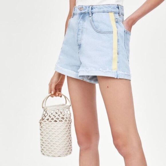 🆕 ZARA Hi Rise Hot Pant Denim Short Yellow Tuxedo Stripe NWT - Picture 1 of 7